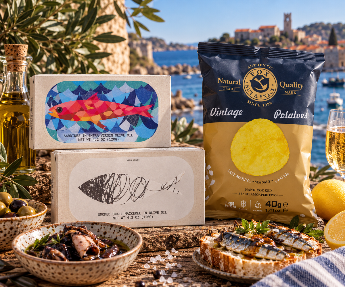 Atlantic Aperitivo bundle with José Gourmet Sardines, ATI Manel Squids in Ink and FOX Vintage Potatoes Sea Salt 40g