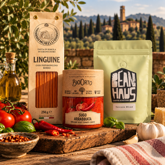 The Spicy Italian Night bundle with Morelli Linguine, BioOrto Arrabbiata and BeanHaus Toscana Blend