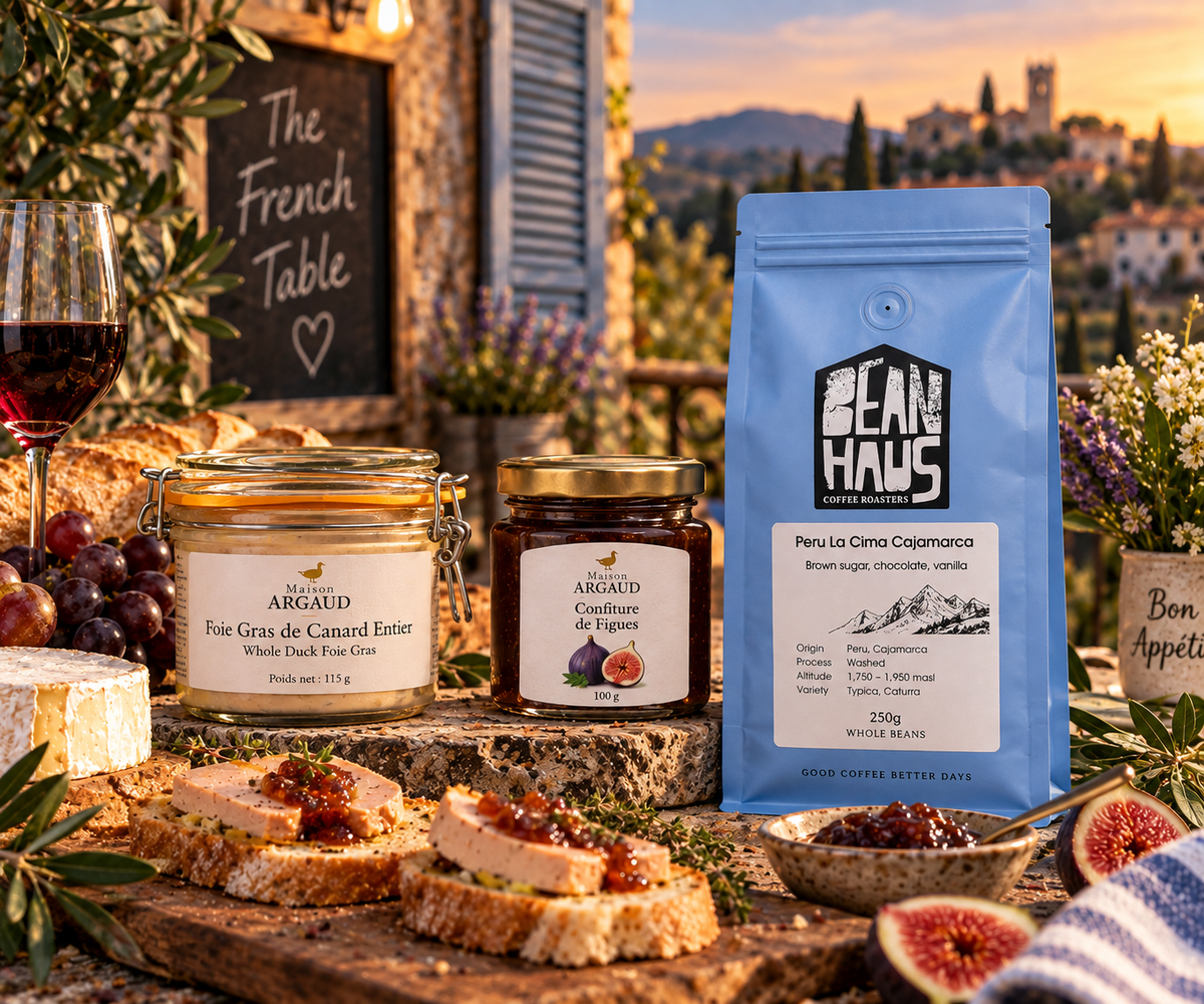 The French Table bundle with Maison Argaud Whole Duck Foie Gras, Fig Confit and BeanHaus Peru La Cima Cajamarca 250g