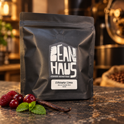 BeanHaus Ethiopia Limu specialty coffee in a warm roastery setting with berries, vanilla and mint tasting-note elements