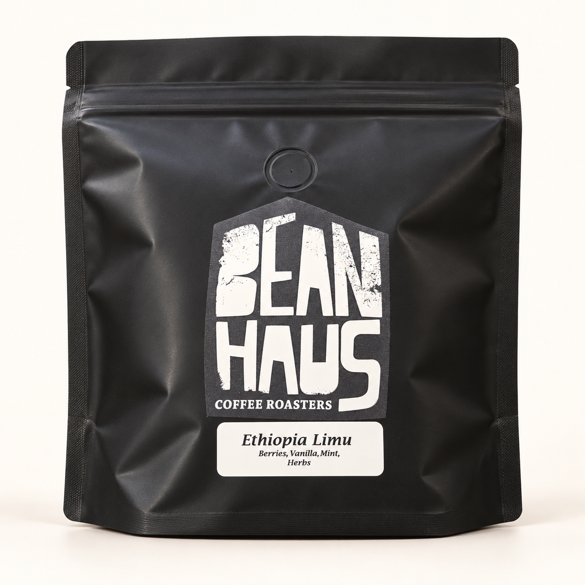BeanHaus Ethiopia Limu specialty coffee bag on a clean studio background, with tasting notes of berries, vanilla, mint and herbs