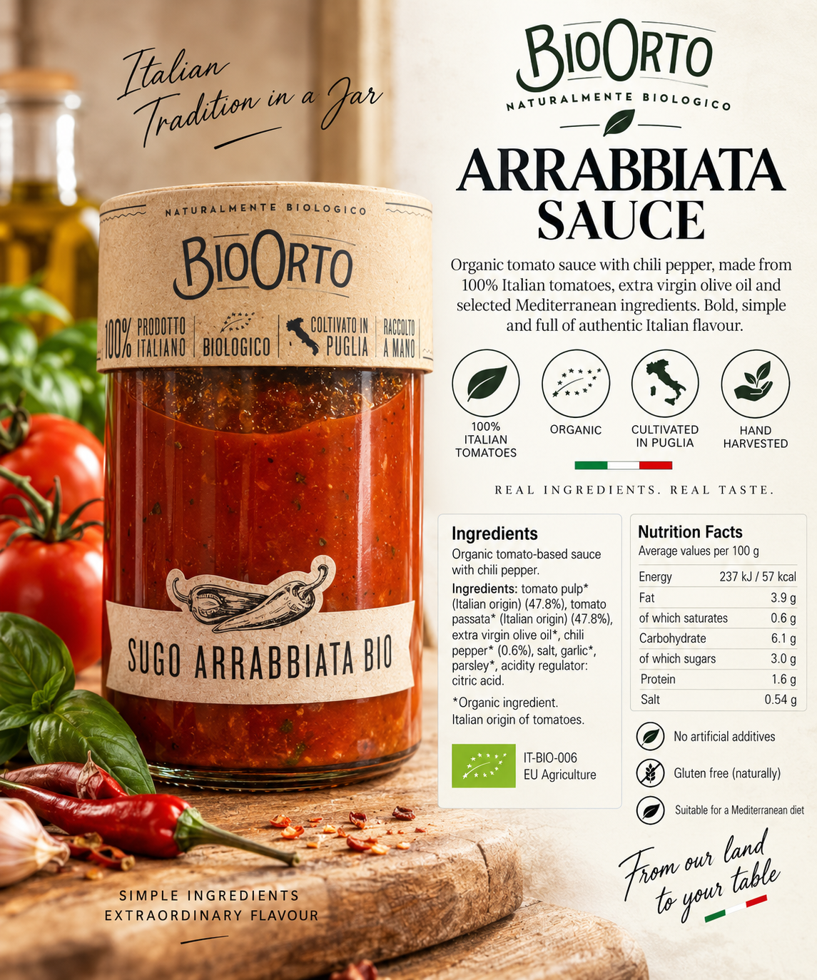 BioOrto Organic Arrabbiata Tomato Sauce with Chilli Pepper 350g