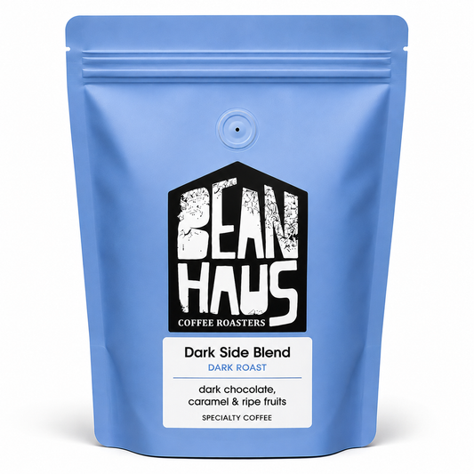 Dark Side Blend dark roast specialty coffee beans by BeanHaus Coffee Roasters, freshly roasted in Cyprus – dark chocolate, caramel and ripe fruits