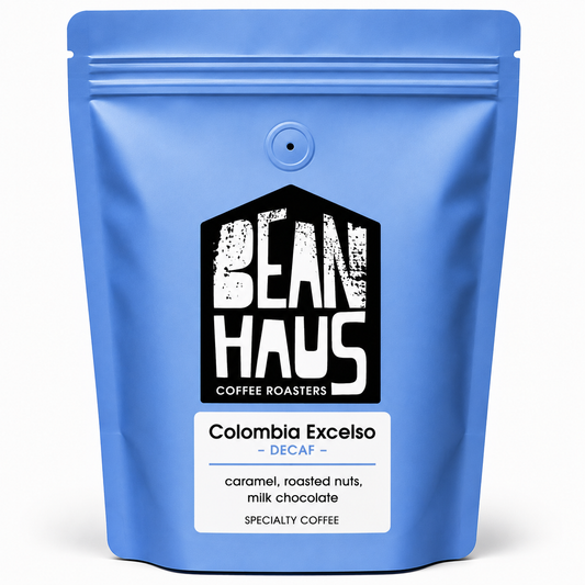 Colombia Excelso Decaf specialty coffee beans by BeanHaus Coffee Roasters, freshly roasted in Cyprus – caramel, roasted nuts and milk chocolate