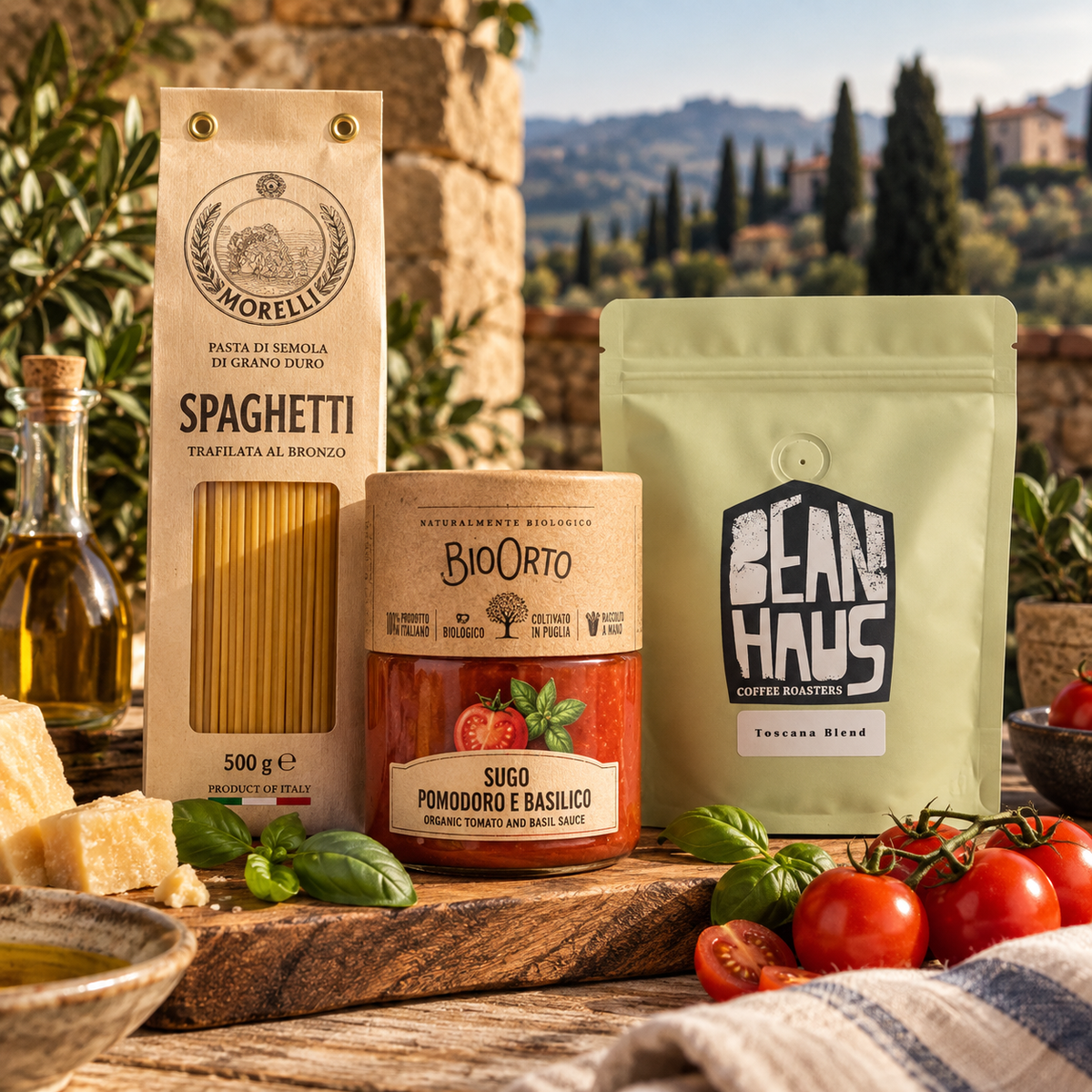 A Sunday in Tuscany gourmet bundle with Morelli Spaghetti, BioOrto Tomato and Basil Sauce and BeanHaus Toscana Blend
