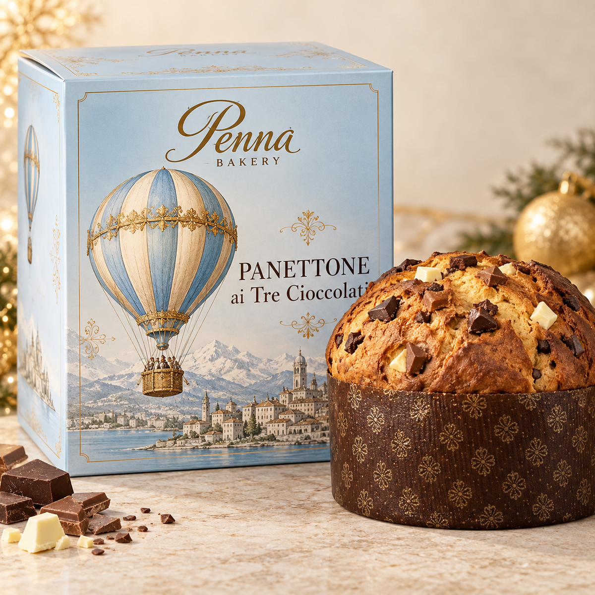Penna Bakery Panettone ai Tre Cioccolati 1kg with light blue gift box
