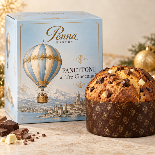 Penna Bakery Panettone ai Tre Cioccolati 1kg with light blue gift box
